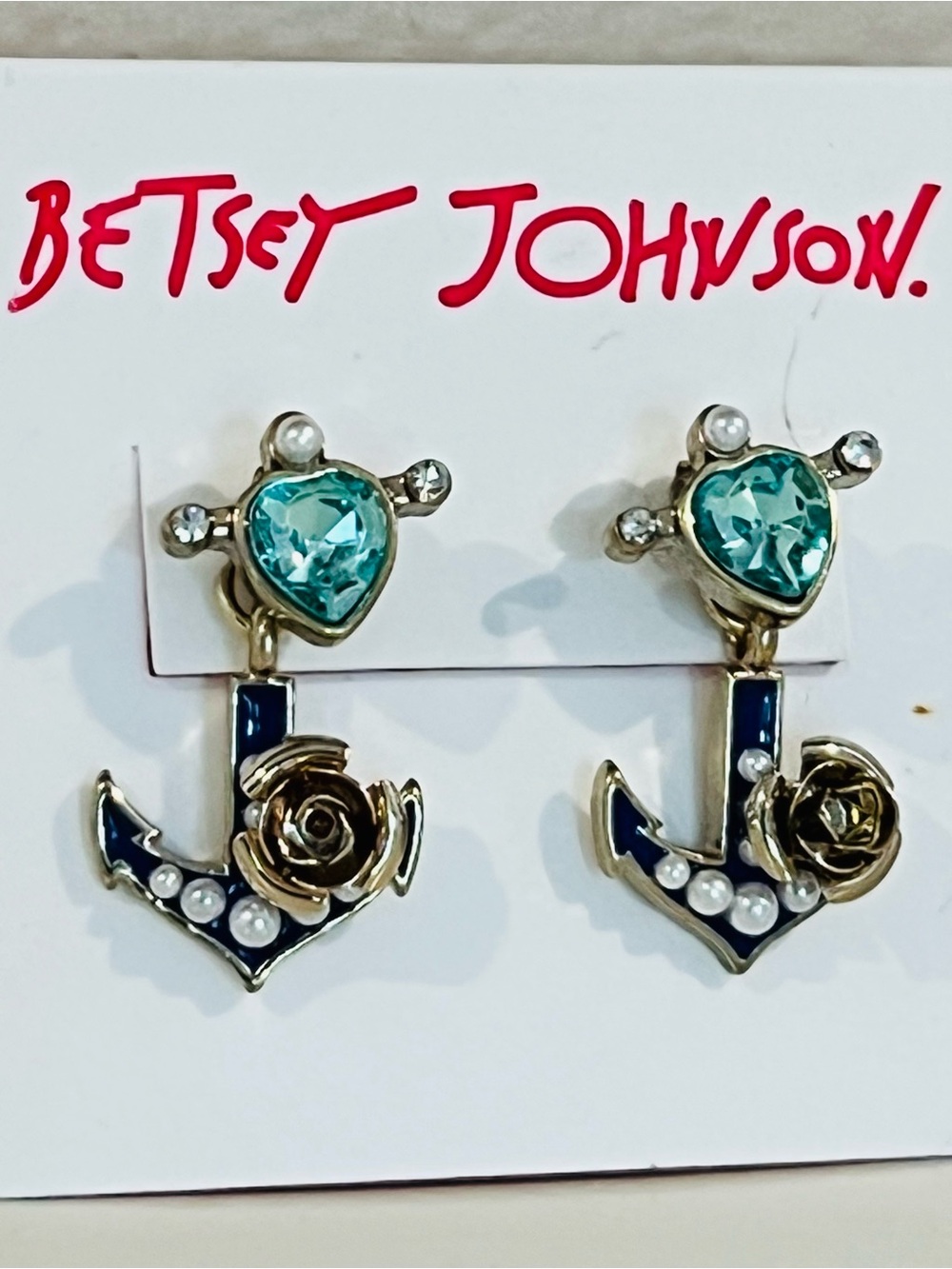 NWT Anchor Nautical Betsey Johnson Front & Back Earrings Crystal, Pearl, Enamel